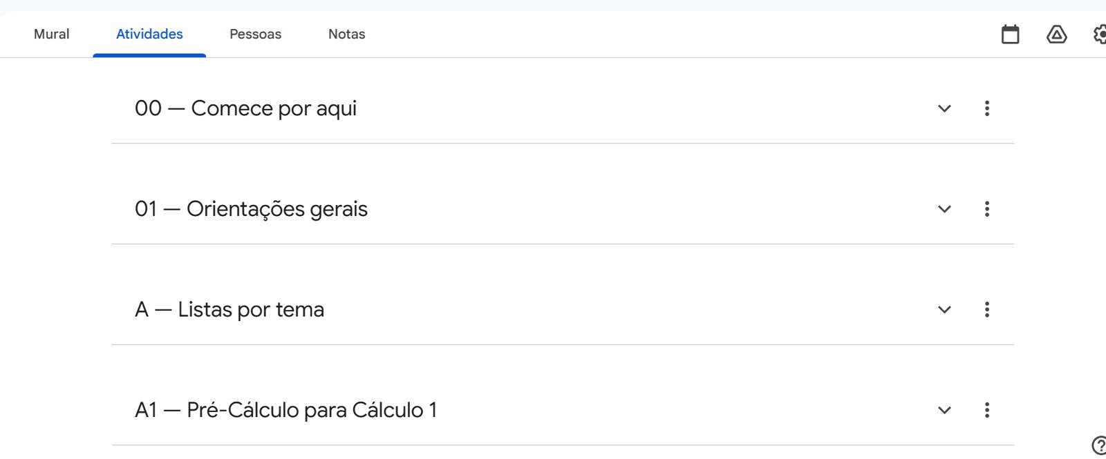 Tópicos organizados no Google Sala de Aula
